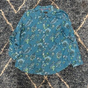 Talbots Women’s Teal Paisley Floral Button down shirt size Large